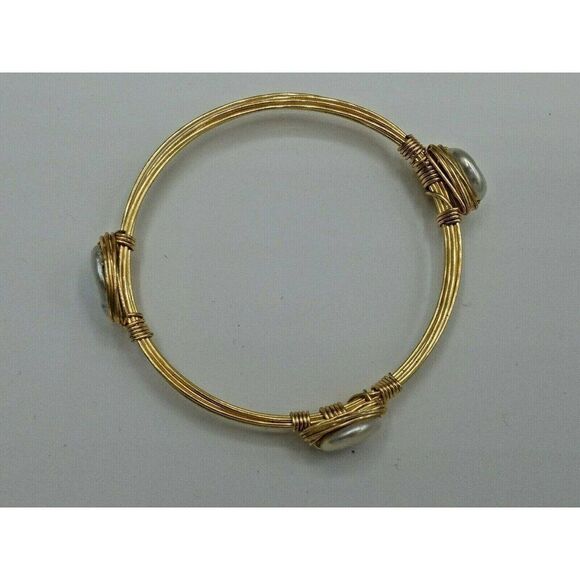 Bangle Bracelet Natural Pearls Braided Wire Gold Tone - Picture 3 of 6